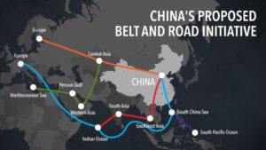 Mapa que retrata la propuesta de la ruta comercial de China, intentando rescatar la antigua ruta de la seda